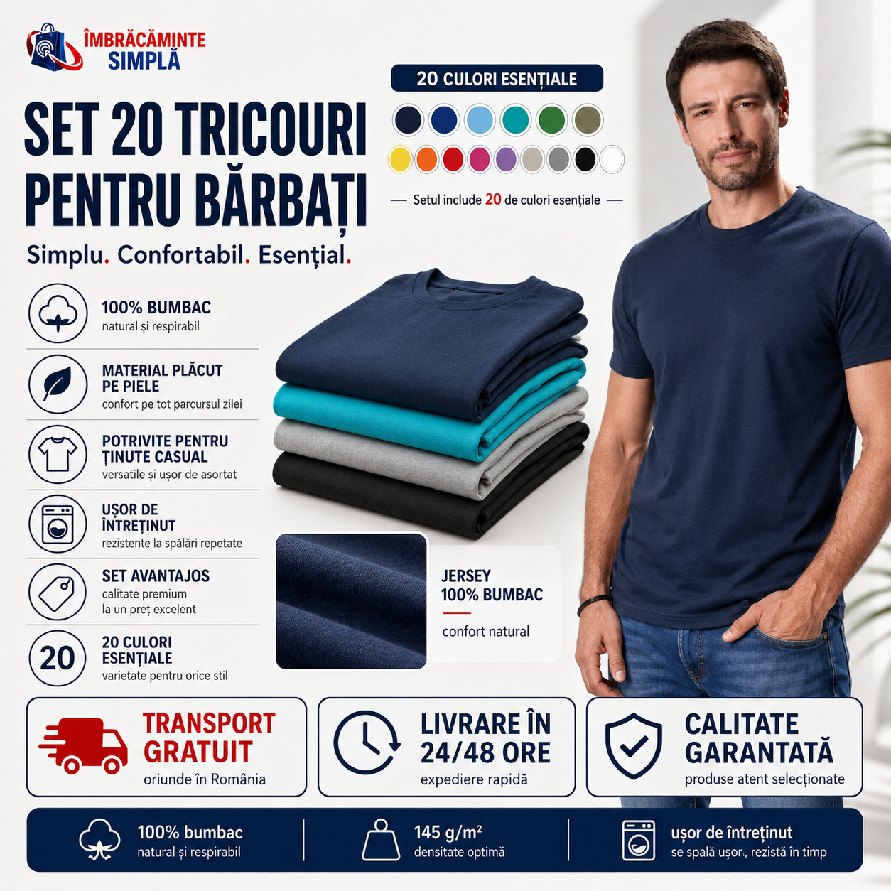 Set 20 de tricouri clasice simple pentru bărbați din bumbac 100%